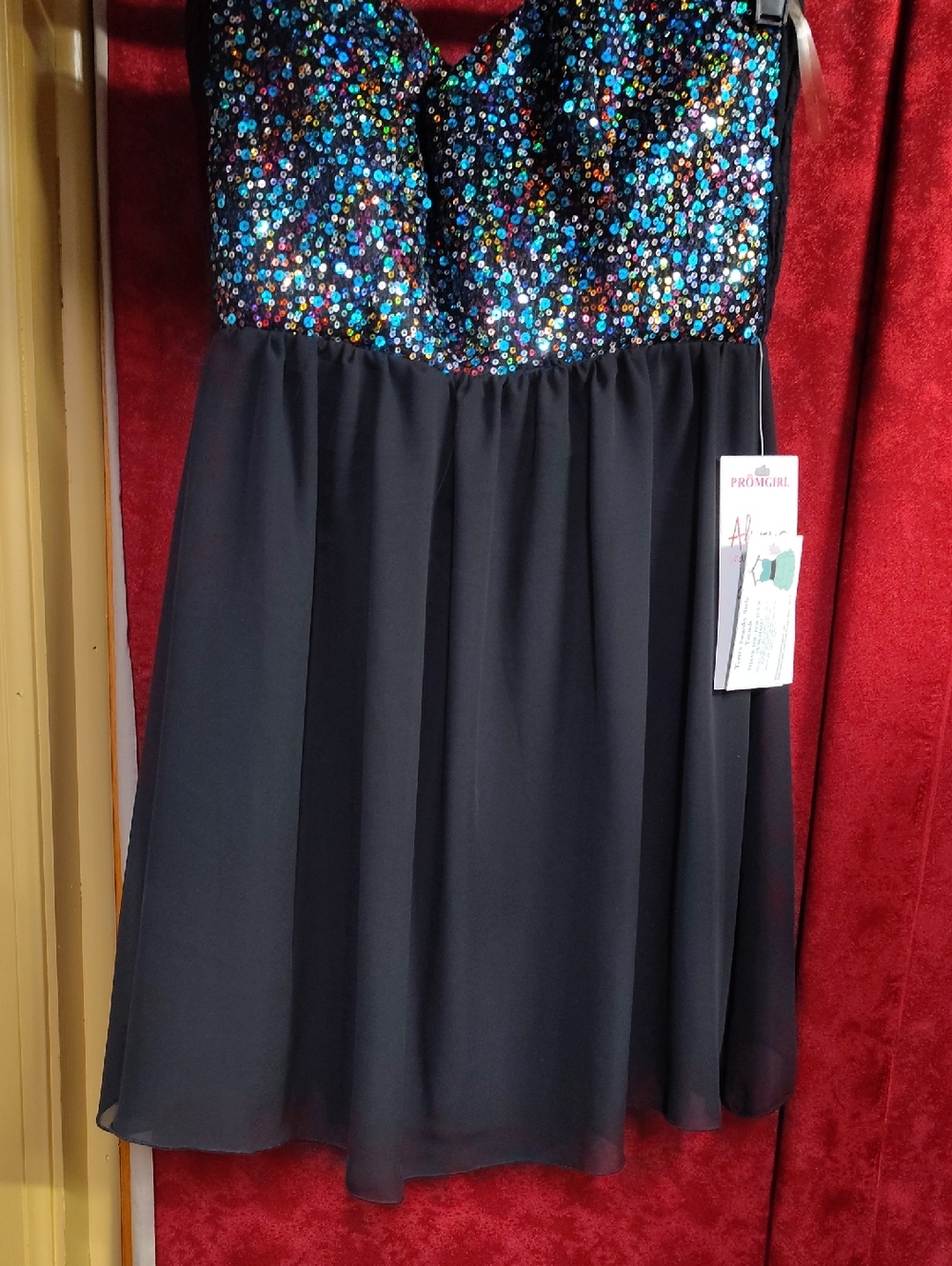 Strapless Multicolor Sequin Bodice Black Chiffon Prom Dress